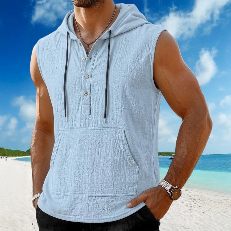 Men's White Linen-Look Sleeveless Hoodie Henley Neck Tank Top with Kangaroo Pocket