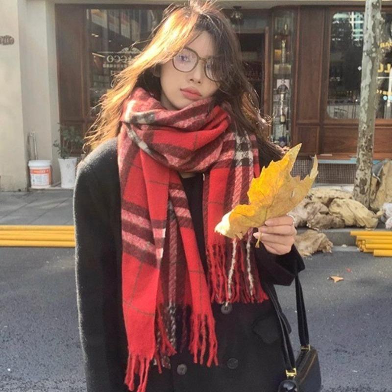 Scarf women's winter new plaid Christmas red student versatile warm thickened scarf shawl advanced sense