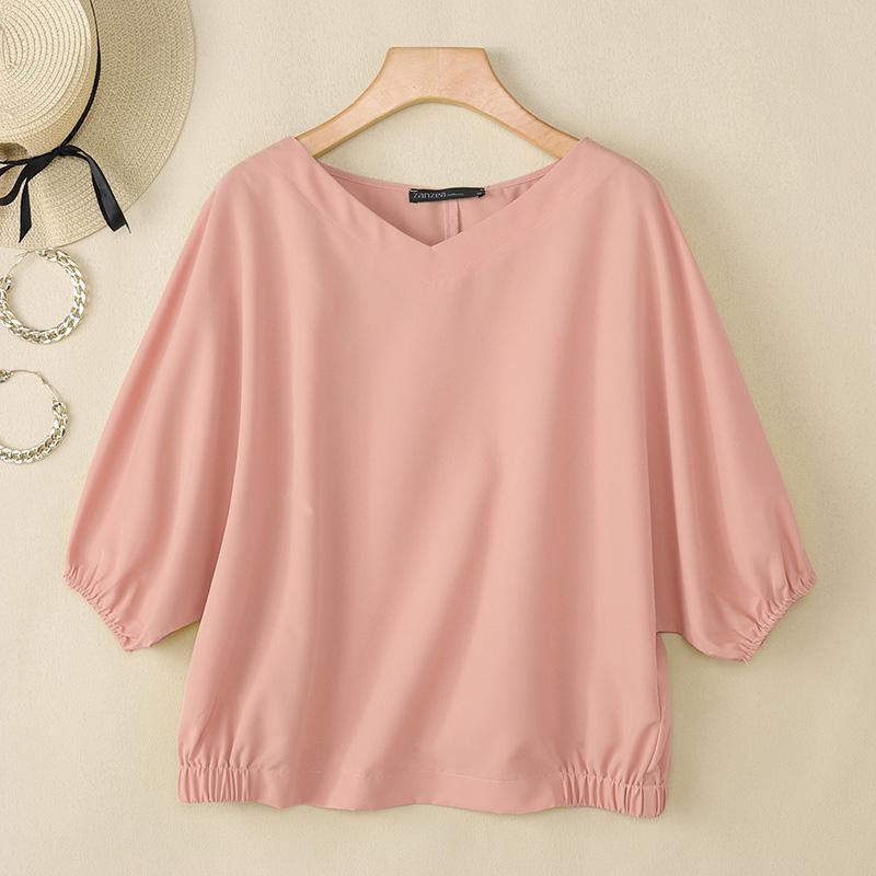 

ZANZEA Женская летняя блузка с V-образным вырезом, однотонная, с рукавами 3/4, повседневная 2XL розовый