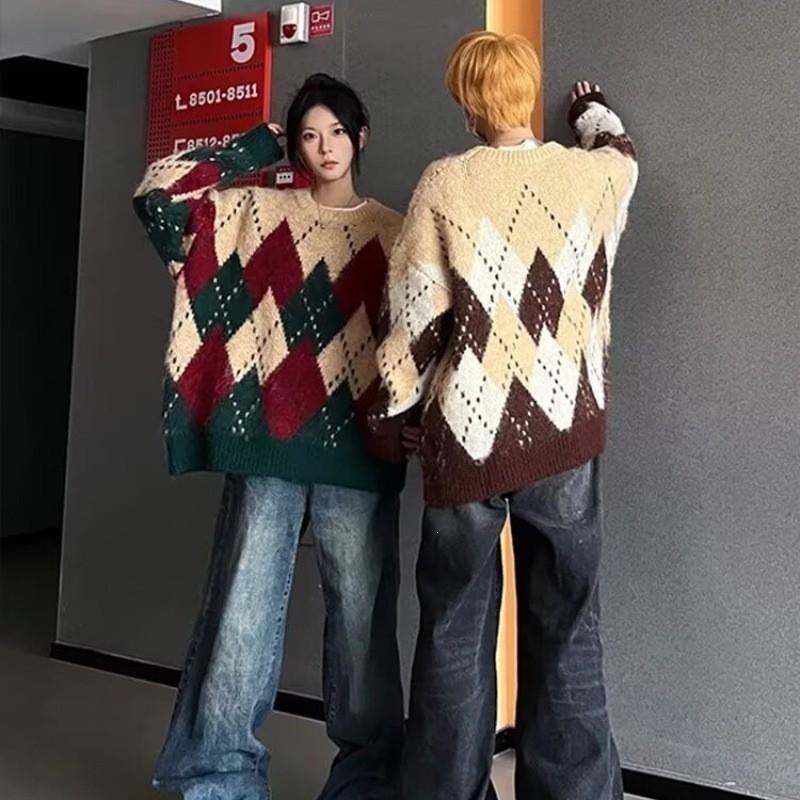Womens Vintage Christmas Argyle Sweater Loose Lazy Knit Top Thick Stylish Fall Winter