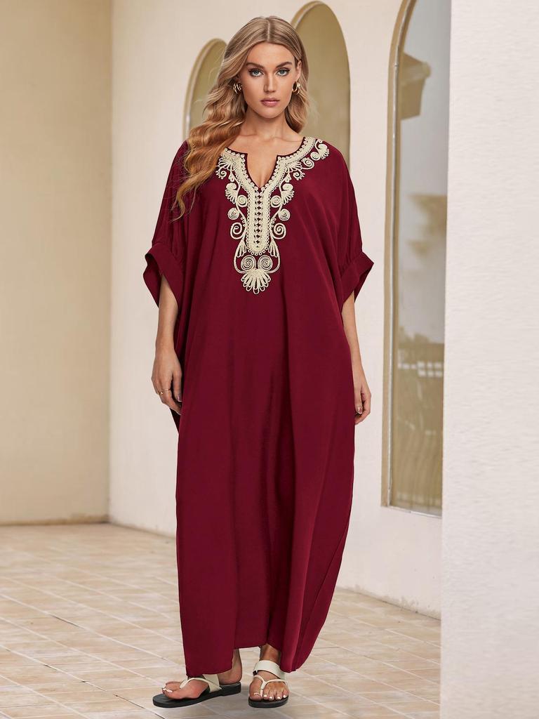 2024 European & American Cotton Embroidered Plus Size Beach Cover-up Dress