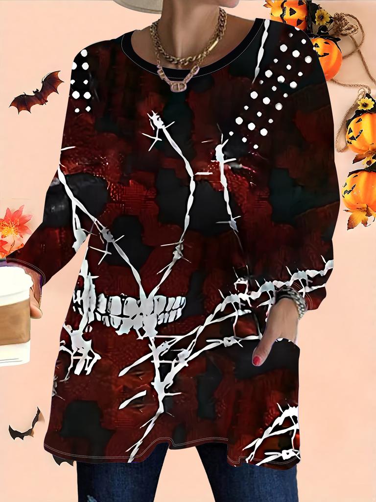 2025 Autumn Winter New Plus Size Women's Tops, Halloween 3D Print Fashion Crew Neck Long Sleeve T-Shirts