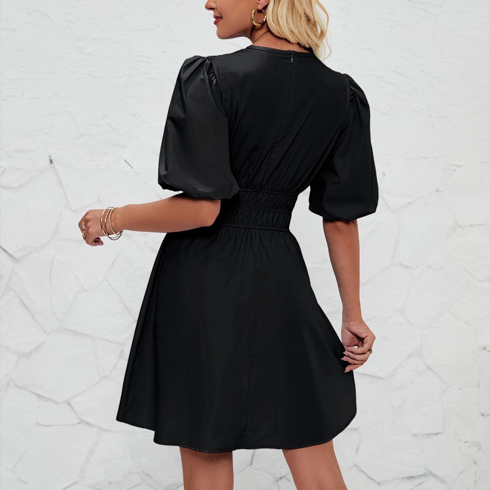 Женское модное однотонное вечернее платье с v-образным вырезом и короткими рукавами — фото 4