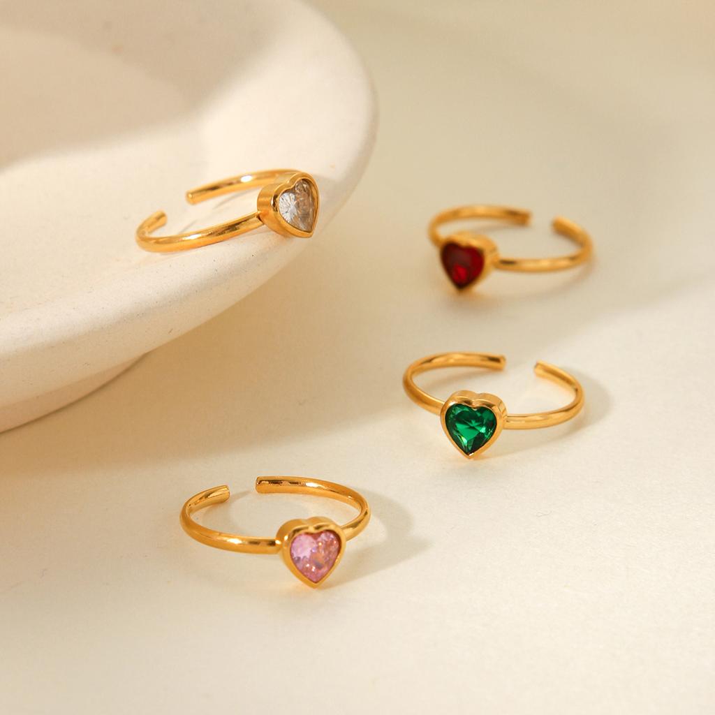 French Style Heart-shaped Diamond-studded Stainless Steel Ring for Women, Open Band Hand Jewelry