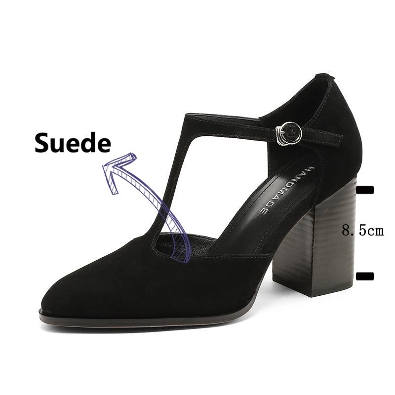 Krazing Pot Sheepskin Suede Round Toe Size 41 Thick High Heels Buckle Office Lady Gladiator Autumn Pumps