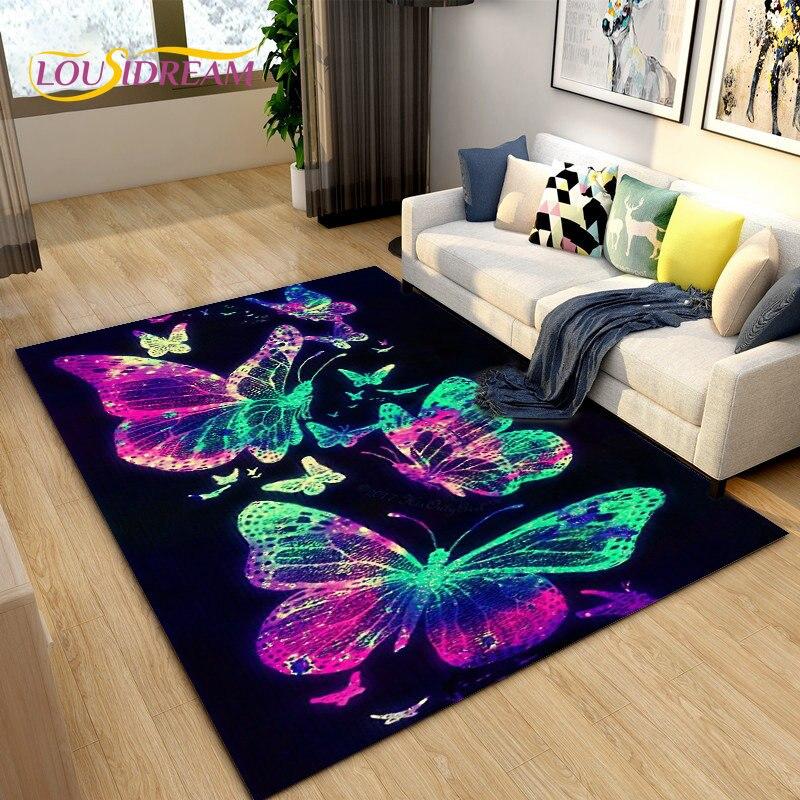 3D barevný koberec Butterfly Flower Area,Koberec do obývacího pokoje Ložnice Pohovka Yoga,Kuchyně Koupelna Rohožka Protiskluzová podložka na podlahu