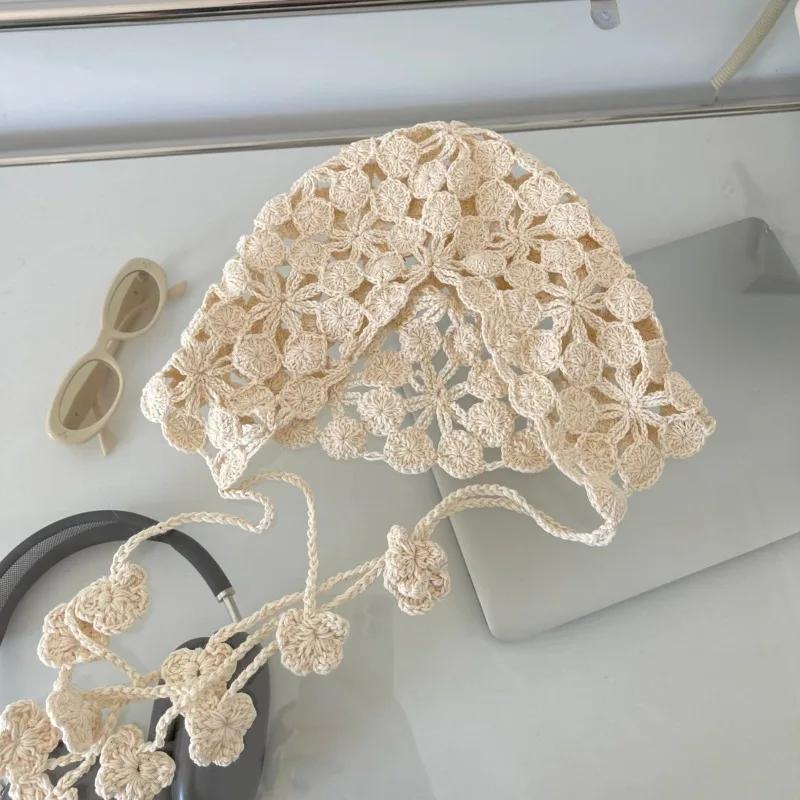 2025 New Thin Hollow Handmade Crochet Knitted Hats for Women Spring and Summer Travel Versatile Concave Strap Beanies Caps
