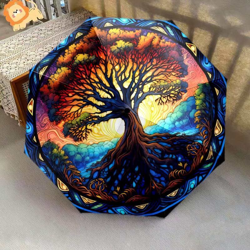 1PC Celtic Tree of Life Umbrella Portable Folding Umbrella Iron Frame Hole Bone Structure Outdoor Home Umbrella A16