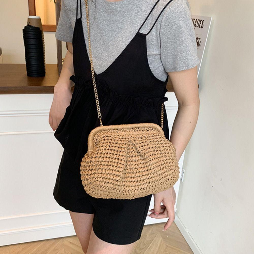 Hollowed Out Shell-shaped Weave Bag Chain Strap Beach Bag Casual Straw Shoulder Bag Summer