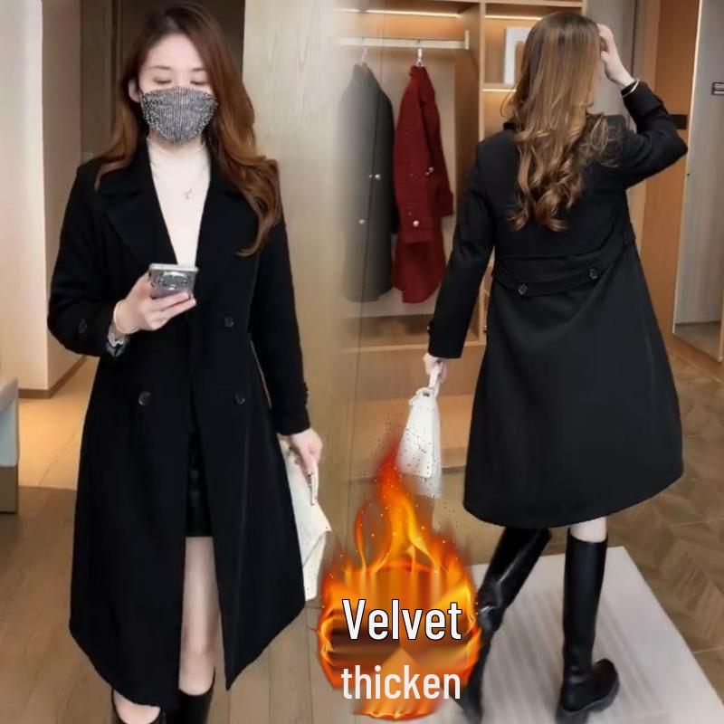 Women's Fleece-Lined Mid-Length Windbreaker - 2025 Autumn/Winter Korean Style Suit Collar Coat
