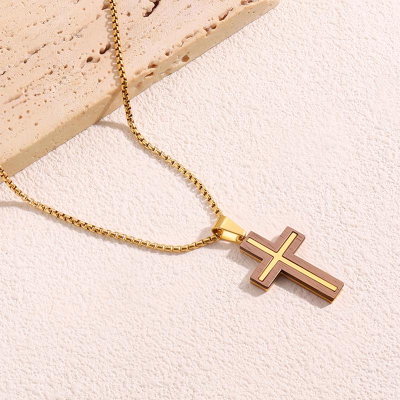 Bestselling Men's Two-Tone Wooden Cross Titanium Steel Dog Tag Necklace
