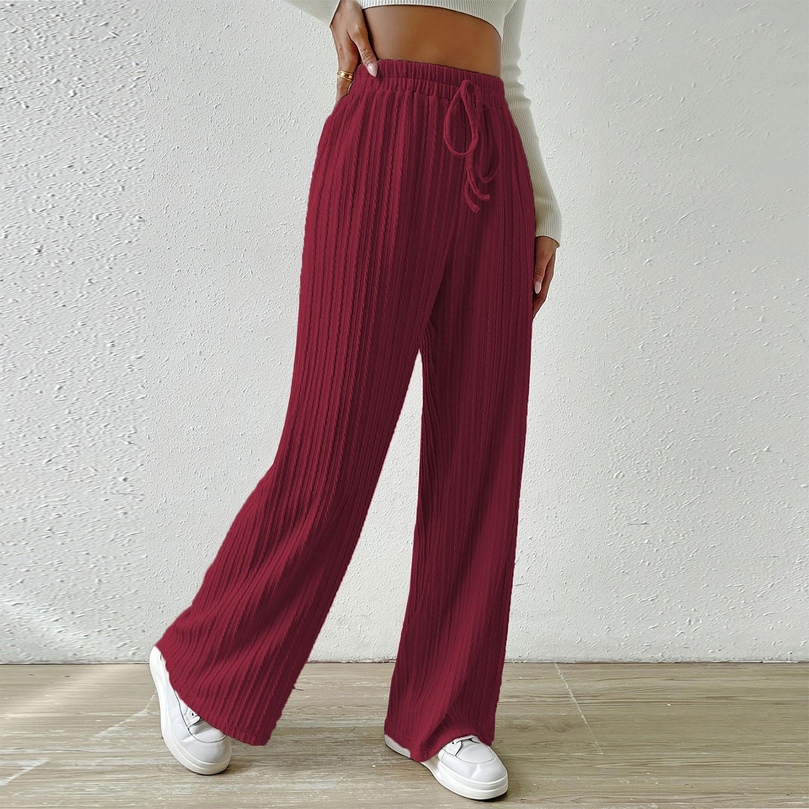 

Жіночі фактурні трикотажні широкі брюки на резинці з високою талією Однотонні повсякденні вільні прямі брюки M винний