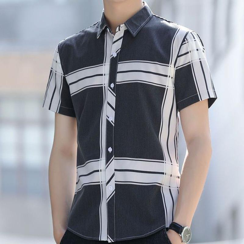 Fashion Shirt Men's Summer Short-sleeved Plaid Casual Slim Trend Non-iron Anti-wrinkle Shirt Blouse Men