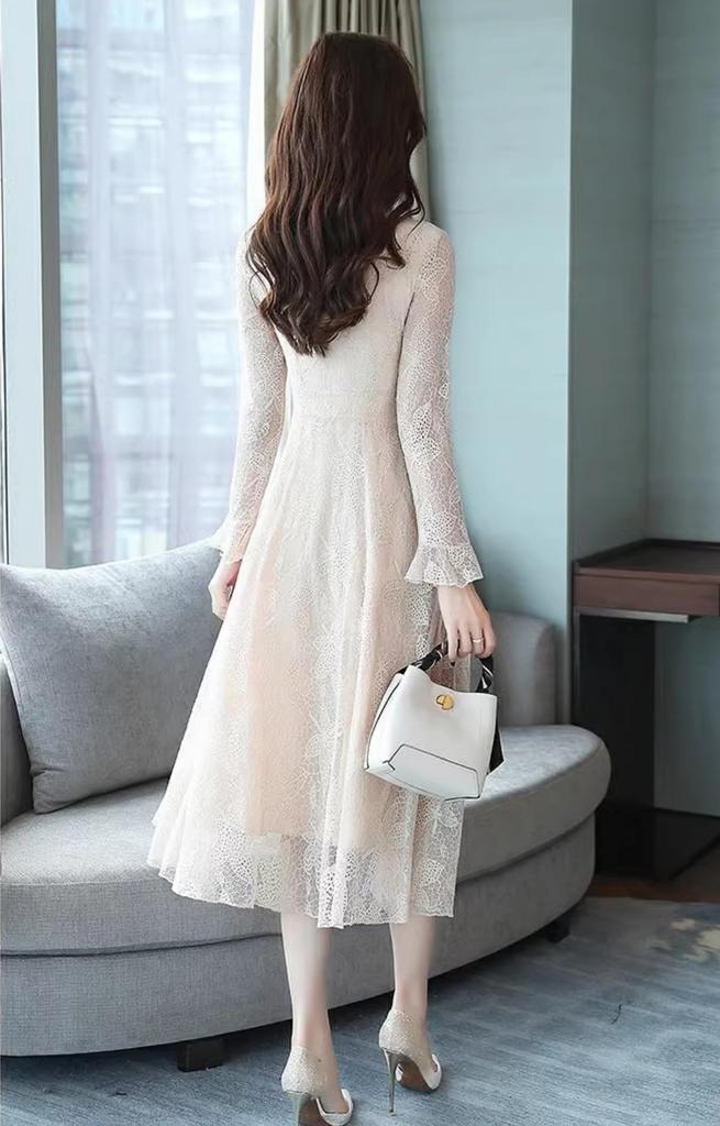 MATSUMIZUYU Lace Long Flare Dress with Long High and Lined for and and Fall Women's Sleeves, Sheer, Cute, Waist, Slimming, Stylish, Parties, Weddings,