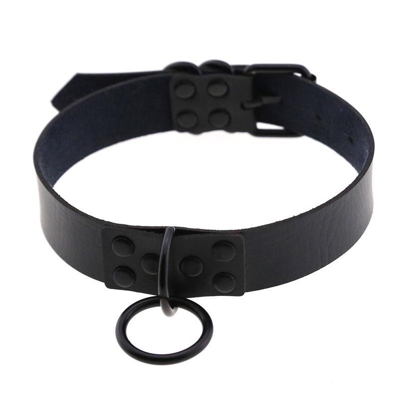 

Gothic Leather Choker Necklace with O-ring and Studs - Black Clavicle Chain чорний