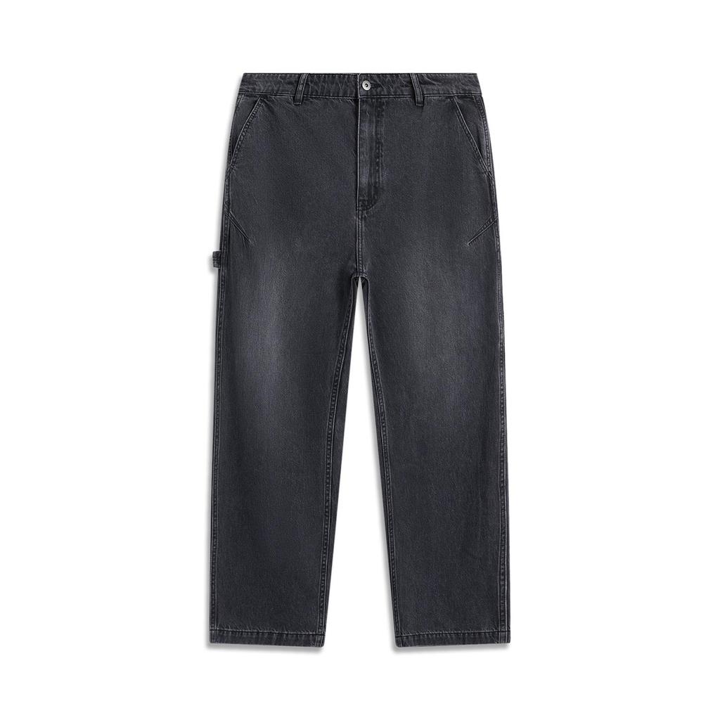 Li Ning Sports Lifestyle Series American Vintage Casual Simple Solid Color Early Spring Straight Leg Jeans Men Jeans Washed-Black AJQV005-1