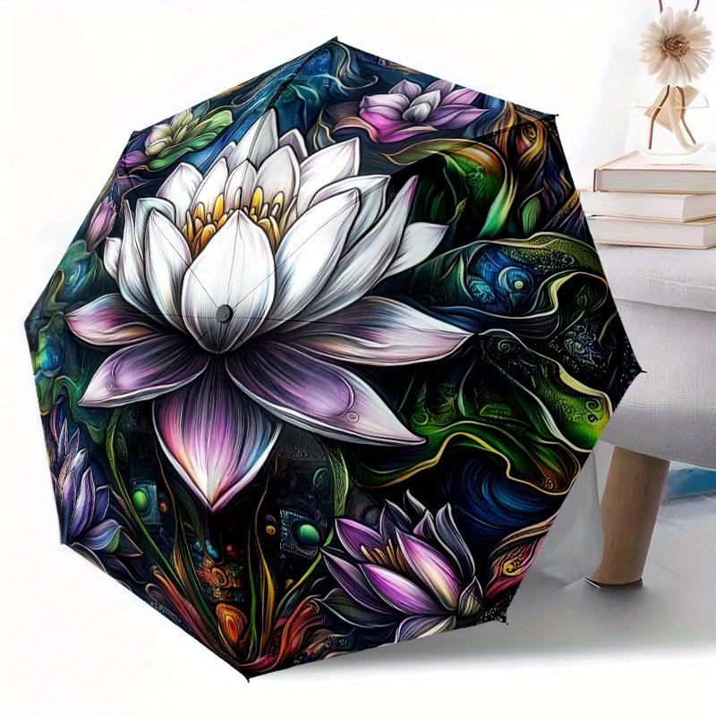 1pc Automatic Umbrella with Lotus Flower Design - Automatic Open/Close, 8-Rib Sturdy Frame, Compact Travel Umbrella for Women/
