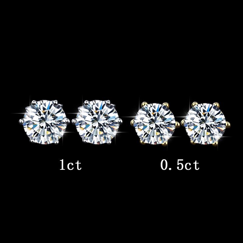 Classic Six-Prong Moissanite Stud Earrings in 925 Sterling Silver for Men and Women - High-End European and American Style