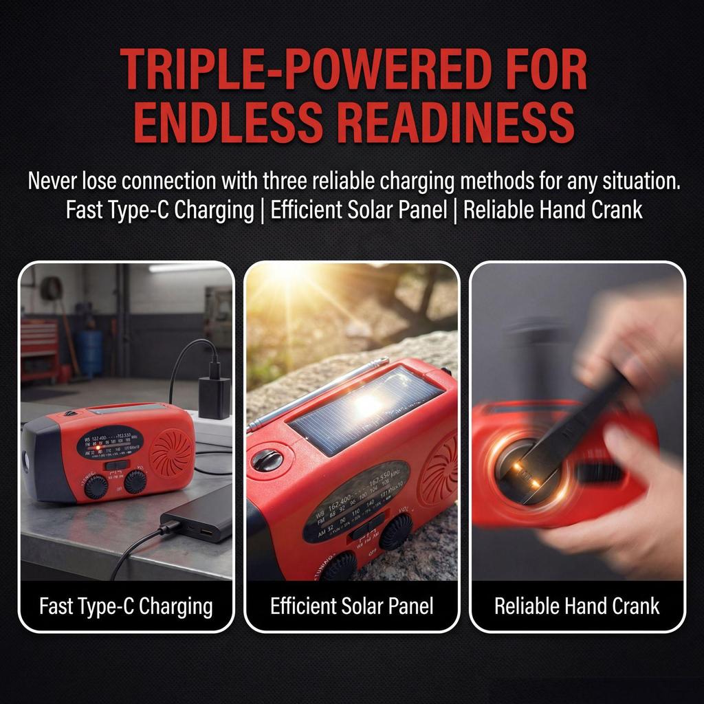 Portable Solar Hand-Crank Emergency Radio with Flashlight and SOS Alarm