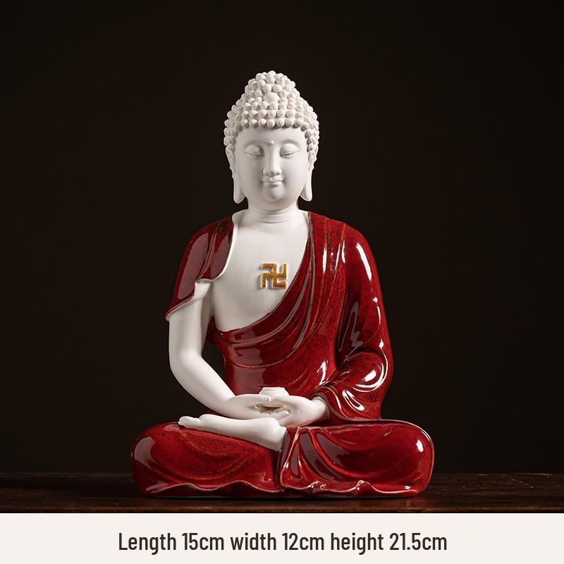 Keramik Shakyamuni Buddha Statue - Wohnzimmer Kunstwerk mit den Drei Heiligen und Lichtkreis Design