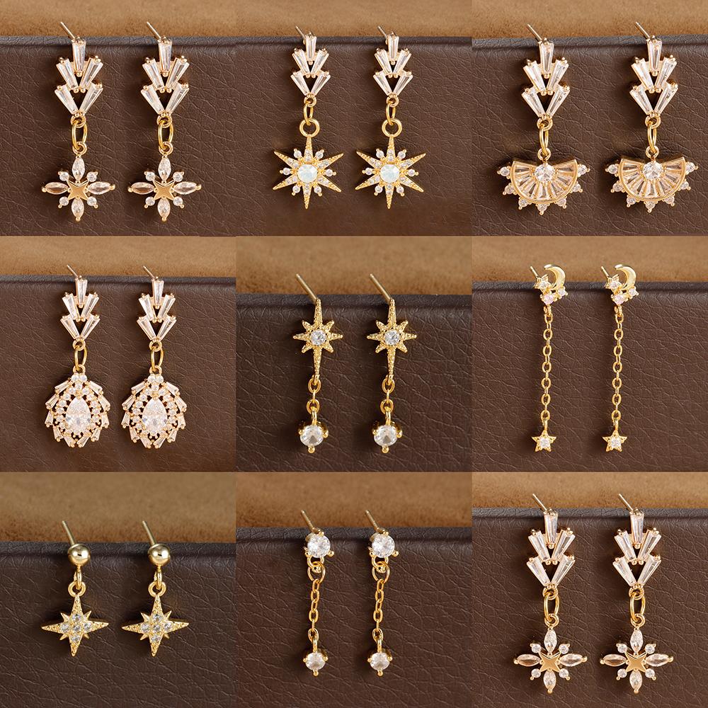 Vintage Crystal Zirconia Stainless Steel Earrings for Women Fashion Star Pendant Ear Piercing Earring Bridal Wedding Jewelry