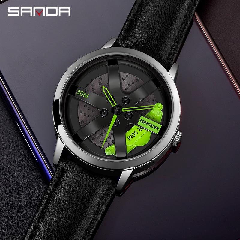 Sanda Cool Men's 3D Hollow Car Wheel Leather Strap Quartz Watch