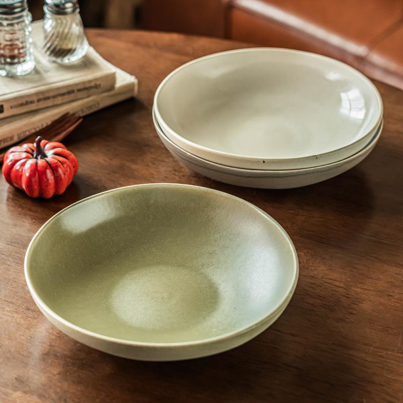 Open Large Bowl Retro Style Ceramic Bowl Household Dish Bowl Breakfast Bowl Fruit Salad Bowl Restaurant Round Tableware