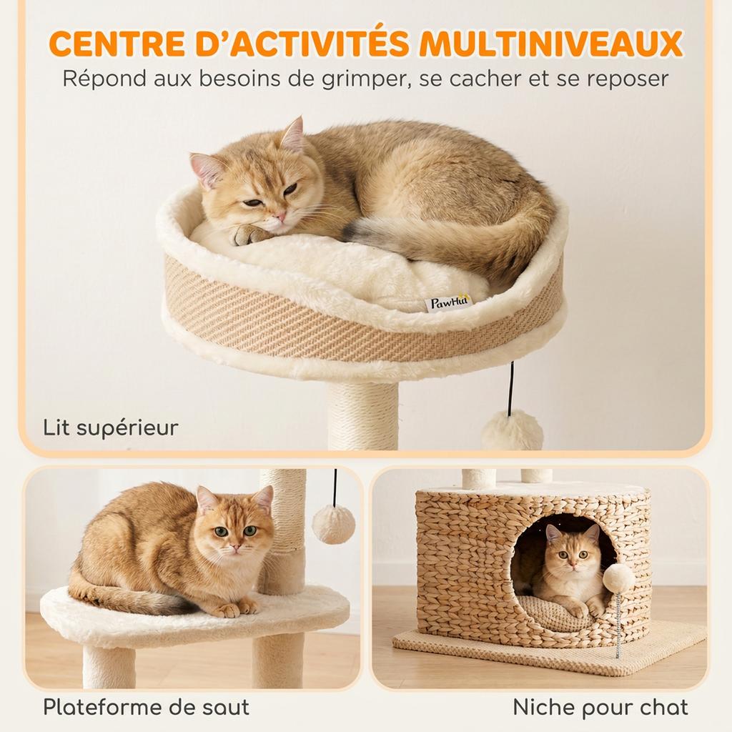 Cat Tree Modern Design Woven Style with Scratching Post 4 Levels Cattail Nest Perch In Jute 87 Cm Beige