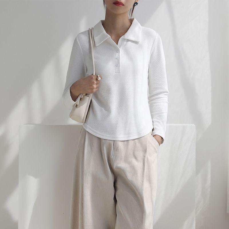 

Bottoming Shirt Women s Long-Sleeved Polo Shirt Fall and Winter New Arrival Pure Color inside and outside with Lapel Slim-Fitting Simple Tops Women s White M