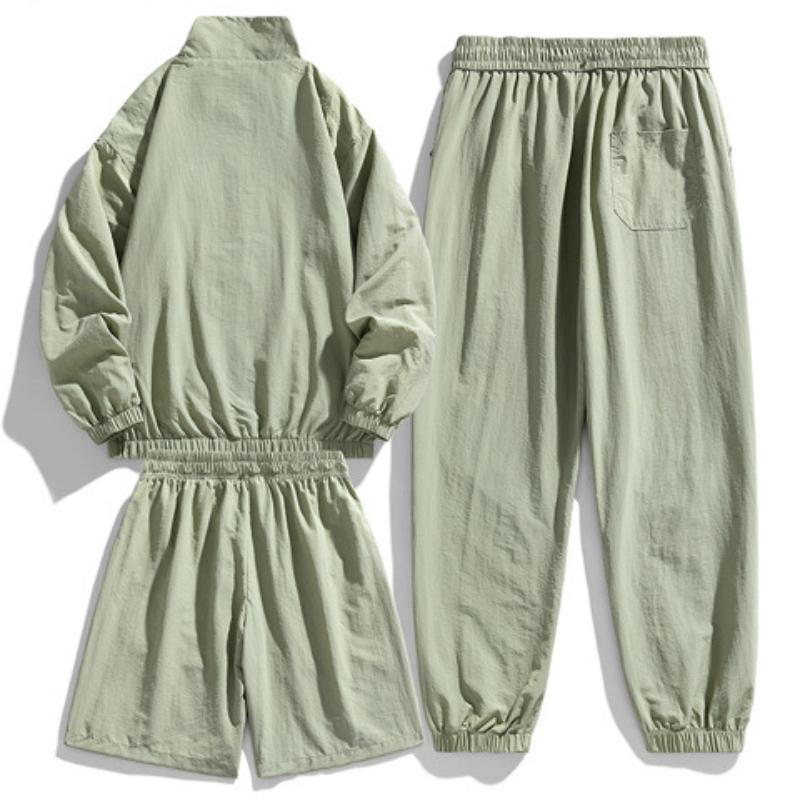 Men's Casual Ice Silk Tracksuit Jacket Shorts And Trousers 3pcs Suit Running Fitness Jacket Suit Male Sportswear Set
