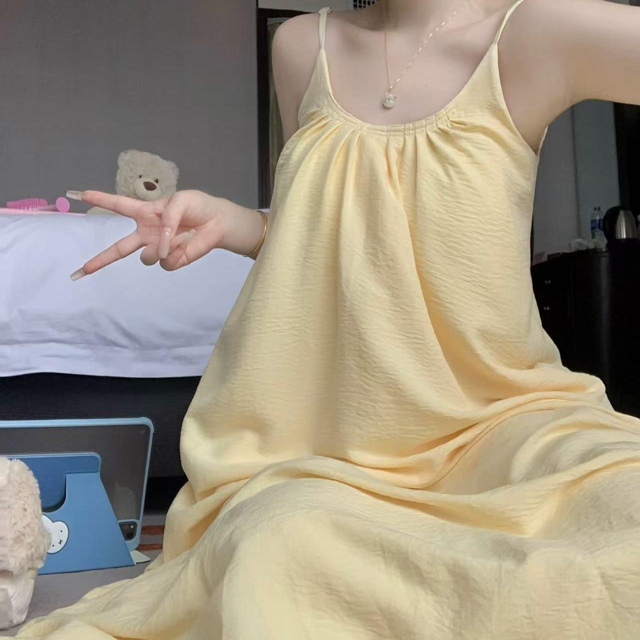 

Women s French Yellow Strappy Nightgown with Chest Pads - Mid-Length Over-the-Knee Summer Dress 3XL (160-180 cm)
