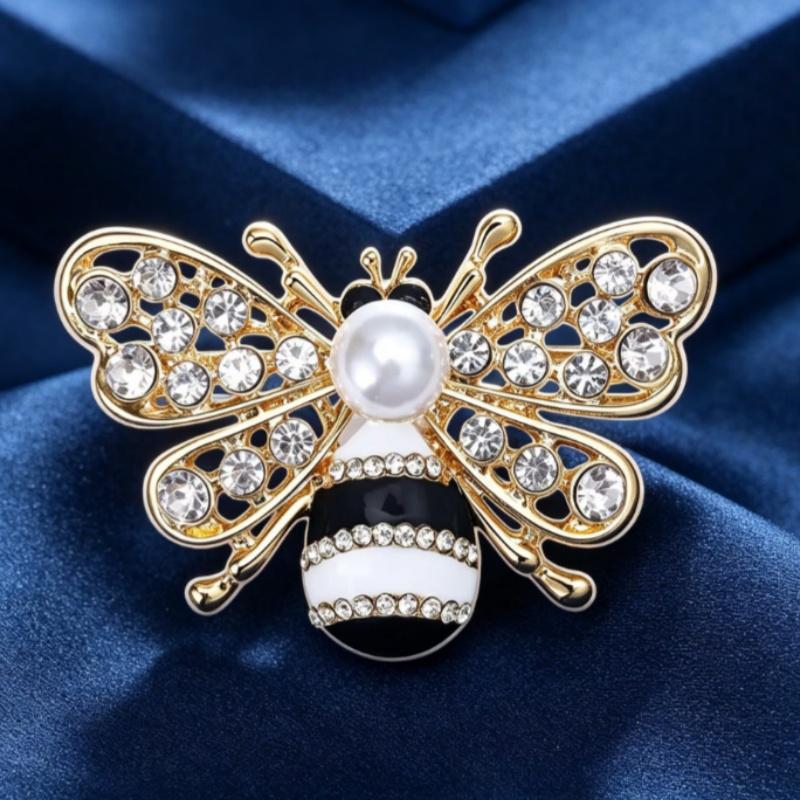 Sparkling Rhinestone Bee Brooch Faux Pearl Gold Plated Vintage Scarf Pin for Women Outdoor Picnic Wear Gift for Friend