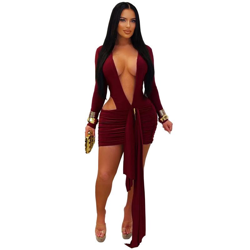 Elegant Deep V-neck Solid Color Slim Fit Long Sleeve Bodycon Dress for Women Small