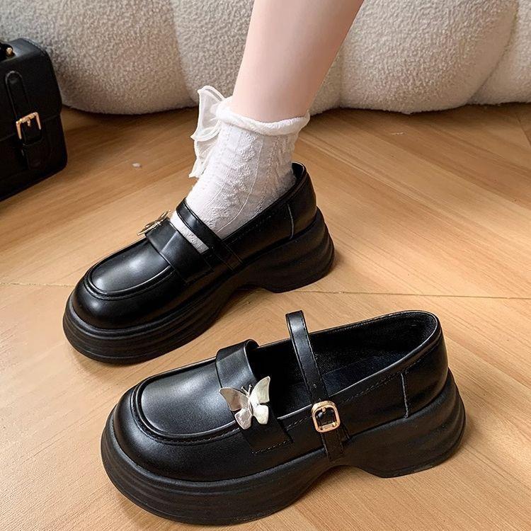 2025 Autumn New Thick Heel Platform Retro College Style Jk Shoes Mary Jane Shoes Milk White Butterfly Small Leather Shoes Women