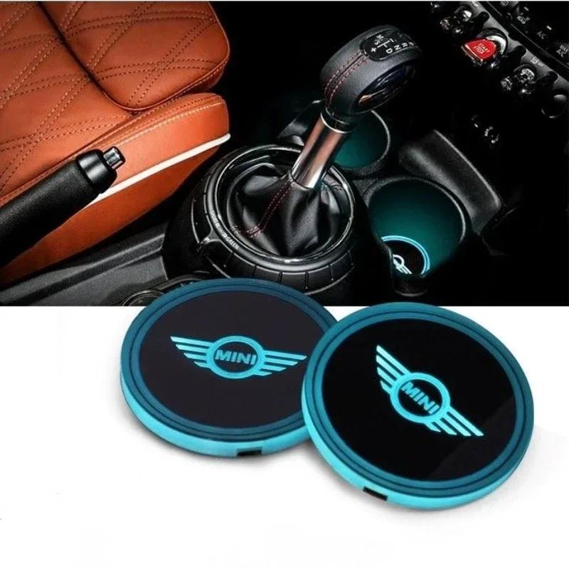2pcs Car Led Light Cup Coaster Mat Drinks For f333 Cooper JCW F54 F55 F56 R54 R55 R56 Clubman Countryman Seven-tone LED Luminous 333f