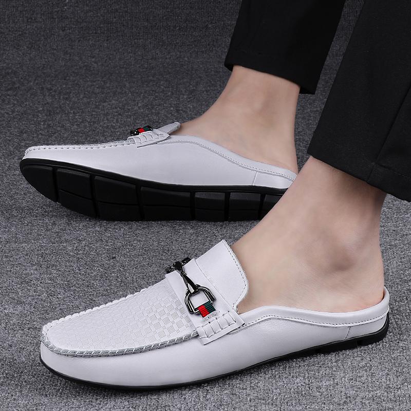 Fashion Summer Breathable Shoes Men Fashion Genuine Leather Half Shoes Slip On Moccasins Casual Italian Style Luxury Brand Half Loafers