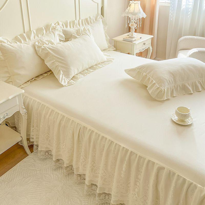 3pcs Solid Color Double-Layer Lace Embroidered Bed Skirt Kit with 1pc Bed Skirt + 2pcs Pillowcases Easy-to-Remove Mattress Protector Cover