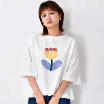 DIMANAF 2025 Été Coton T-shirt Femme Impression Broderie Asymétrique Manches Courtes Ample