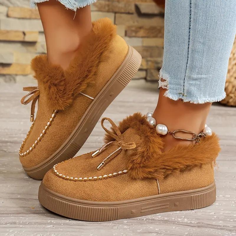 2025 New Solid Color Furry Females Feetwear Women Winter Cotton Shoes Plush Warm Snow Boots Ladies Casual Flat Short Boots