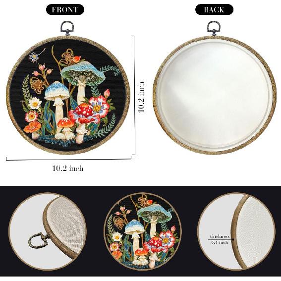 Mushroom Decor Framed Round Wall Decor Canvas Wall Art Hanging Prints Artwork for Home Door Living Room Bathroom Girls Room Kitchen Office