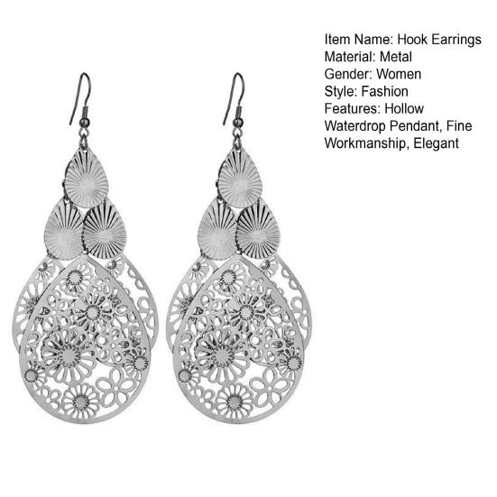 1 Pair Hook Earrings Exaggerated Retro Geometric Elegant Hollow Flowers Waterdrop Pendant Women Dangle Earrings Fashion Jewelry
