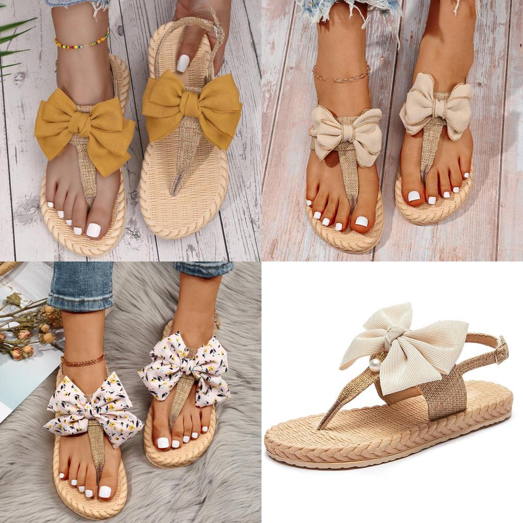 Summer Womens T Bar Sandals With Canvas Material And Butterfly Knot For Outdoor And Indoor Wear
