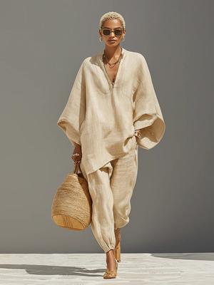 Spring Summer Women's Fashion Casual Style Batwing Sleeve V-Neck Loose Fit Set Outfit