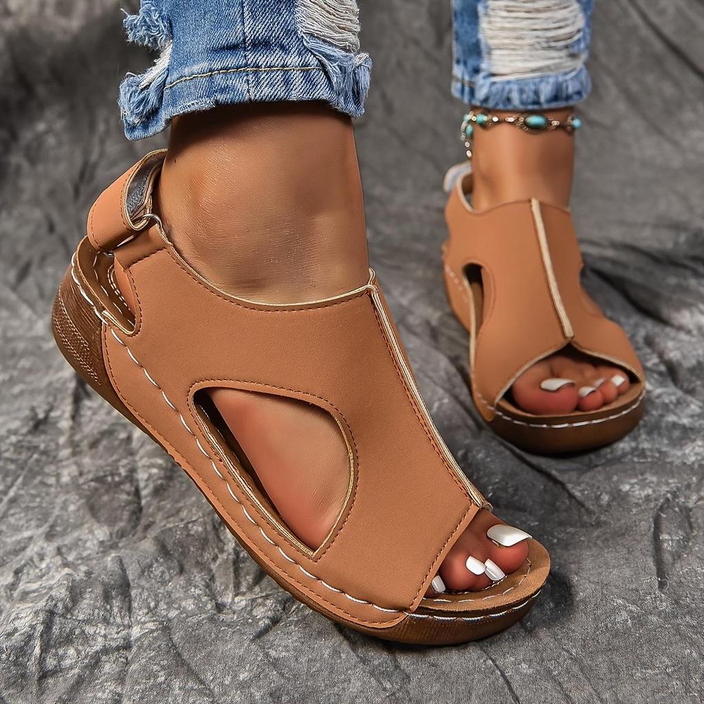 Women's Solid Color Wedge Heeled Sandals, Casual Open Toe Platform Shoes, Comfortable Ankle Strap Sandals