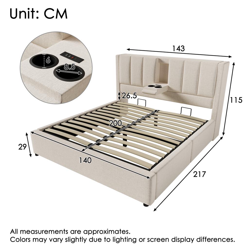 Upholstered Bed 140x200 cm Double with Hidden Cup Holder & Charging Station, Hydraulic with Storage Under the Bed, Linen Beige (Without Mattress)