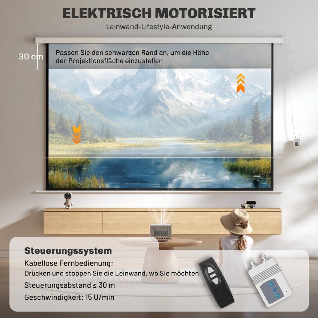 Projector Screen 293 x 193 cm 120 Inch 16:9 HD 4K Electric Projection Screen with Remote Control, White