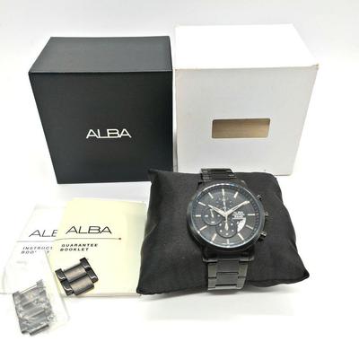 Б/у [Хорошее состояние, в комплекте с аксессуарами] Черные часы Seiko Alba Chronograph