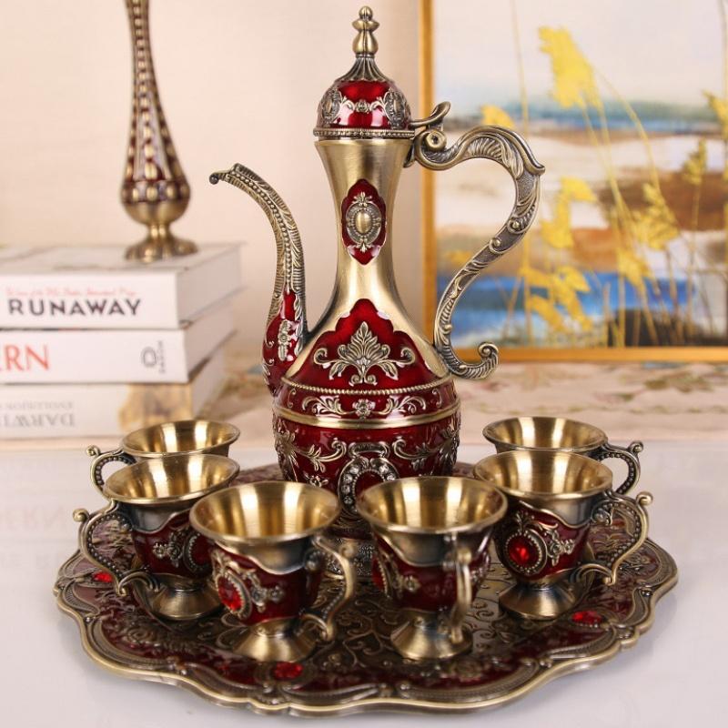 European Wine Set, Alloy Home Wine Pot Wine Glass Set, Red Vintage Wine Glass, Old Wine Pot Home Living Room Decoration,1Set