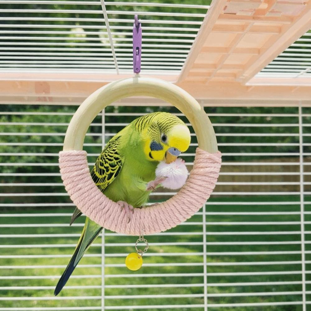 With Bell Bird Swing Toy Wood Hanging Parrot Ring Toy Bird Cage Perch  Climbing Play