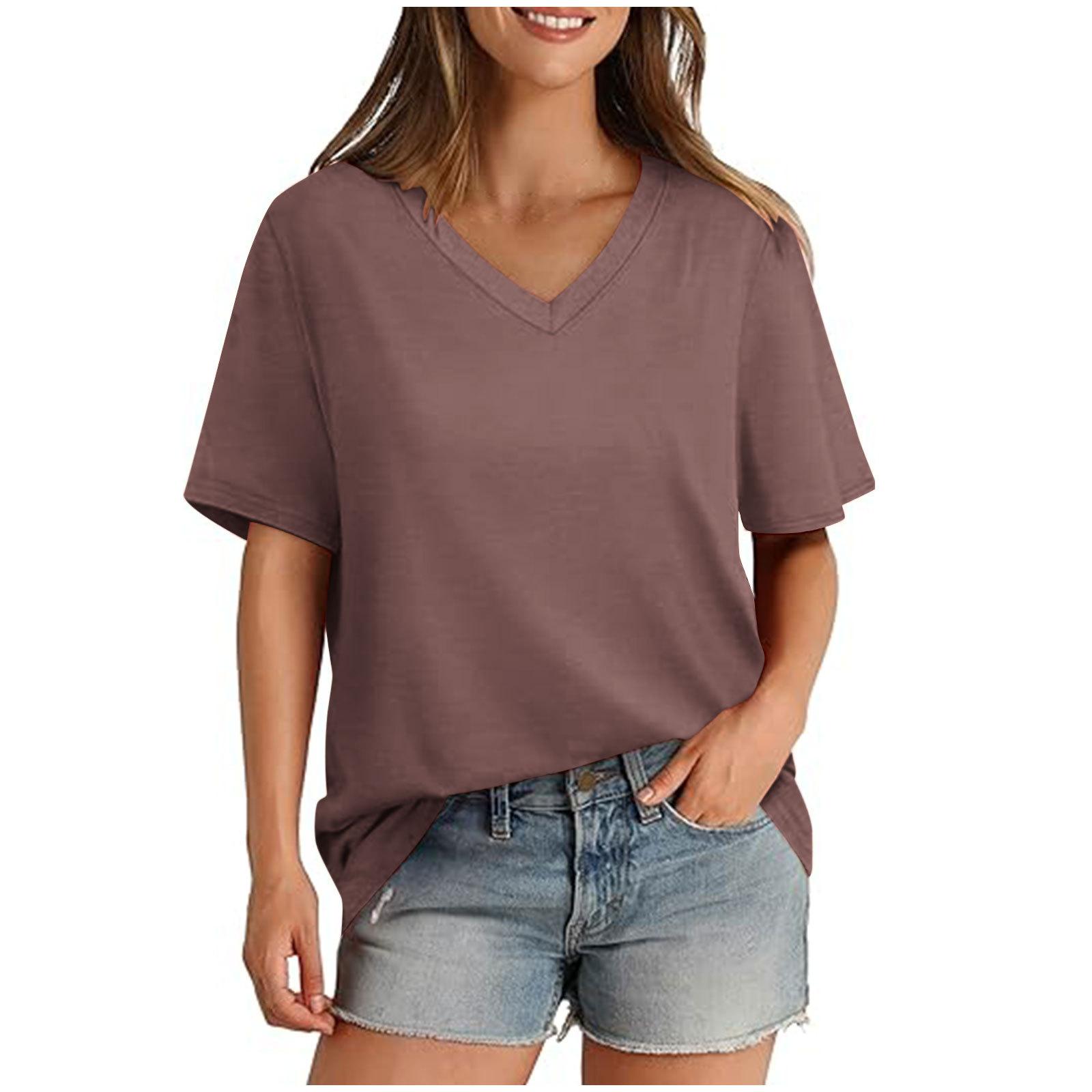 

Летний топ с V-образным вырезом однотонный модный повседневный с короткими рукавами женские футболки 5XL темно-коричневого